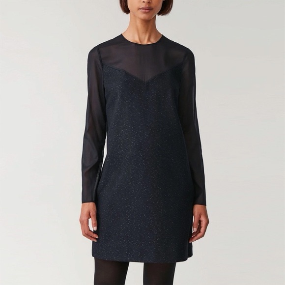 Cos Black Sheer Silk Wool Blend Shift Dress Minimalist Modern Size 8
